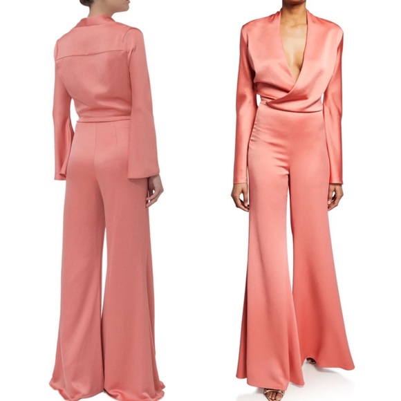 $724 ALEXIS “Raine” Flared Satin Jumpsuit in Rose Madder - Picture 8 of 16